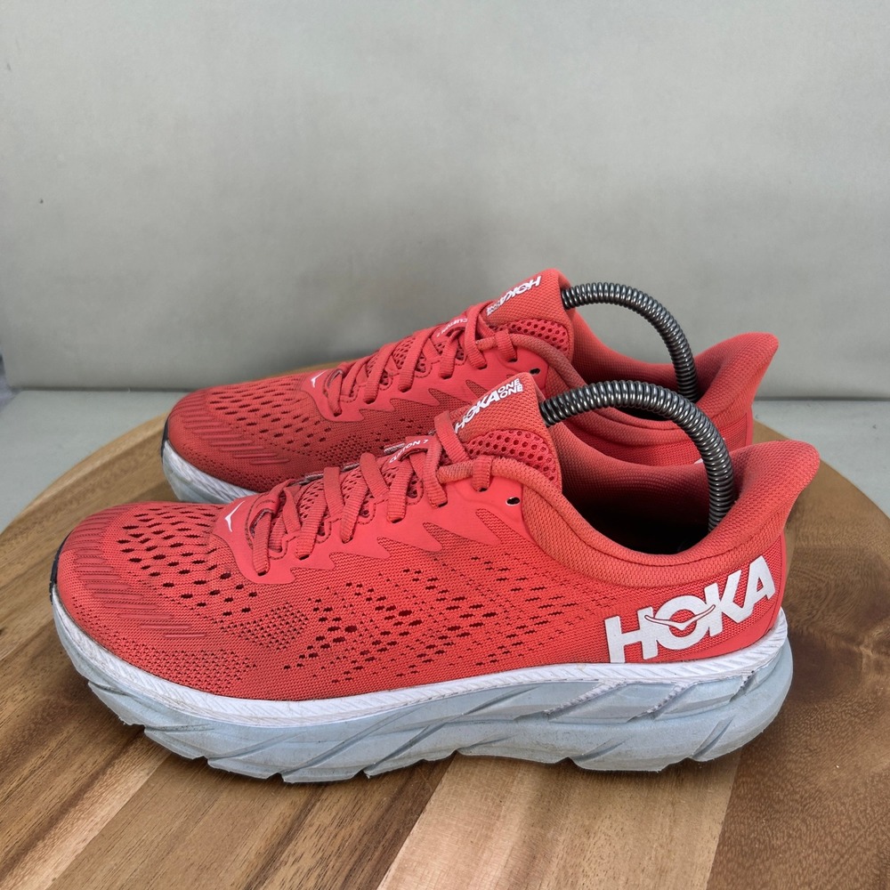 Hoka One One Clifton 7 Womens Size 9 Running Shoes Hot Coral White Cushioned - Picture 3 of 9